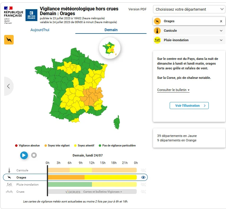 Météo France place 9 départements en vigilance orange en raisons des